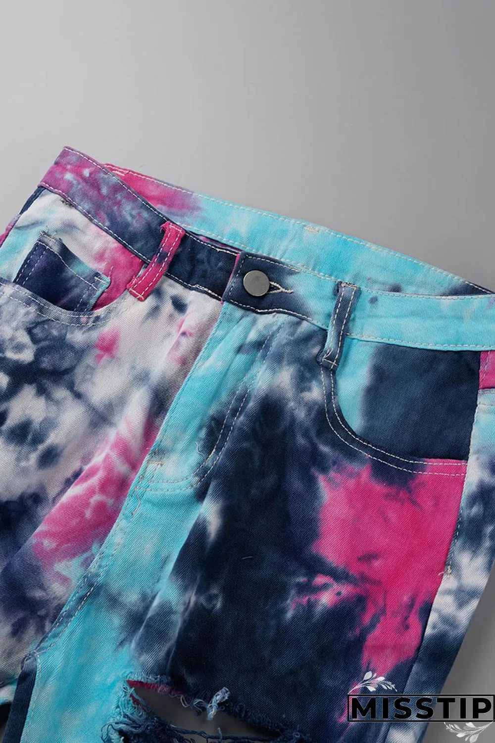 Deep Blue Casual Tie Dye Ripped Turndown Collar Long Sleeve Two Pieces