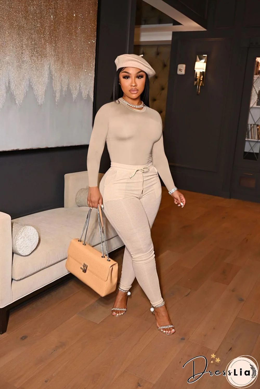 Solid Long Sleeve T Shirt Lace Up Pants Set