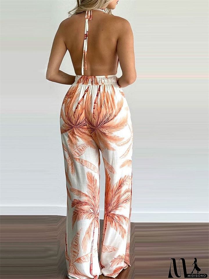 MidiSono - Women's Sexy Backless Digital Print Halter Side Slit Jumpsuit