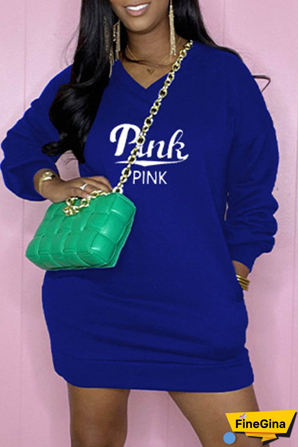 Blue Casual Letter Print Patchwork V Neck Long Sleeve Dresses