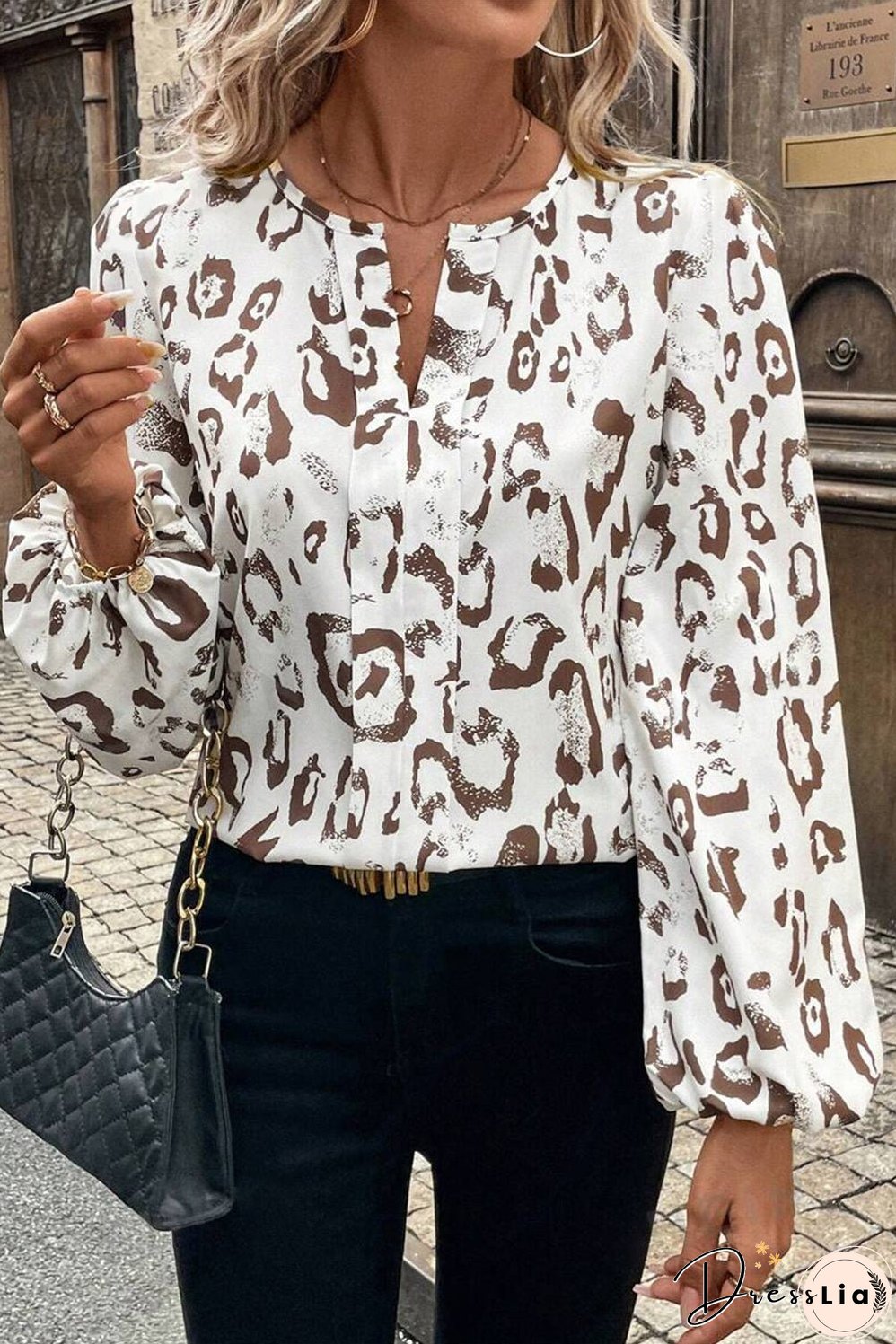 Khaki Leopard Print Split Neck Balloon Sleeve Blouse