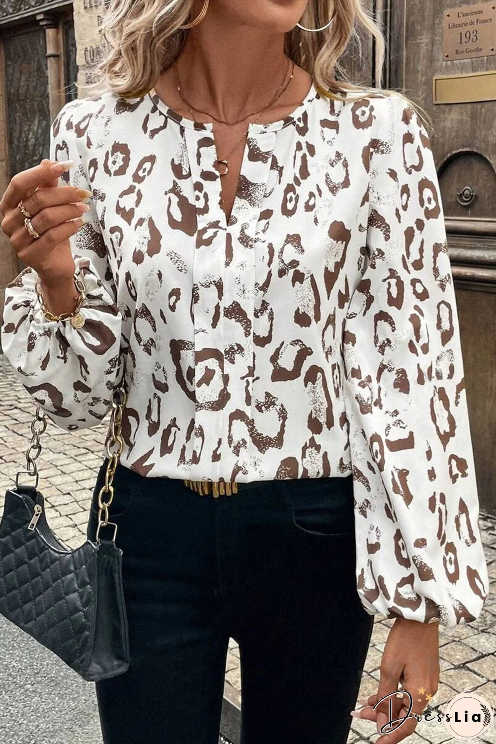 Khaki Leopard Print Split Neck Balloon Sleeve Blouse