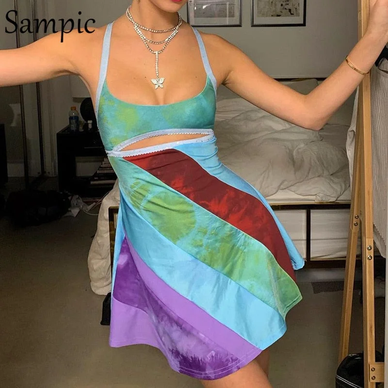 Sampic Vintage Chic Color Matching Sexy Women Strap Y2K Mini Bodycon Party Dress 2021 Fashion Night Club Stripe Wrap Dress