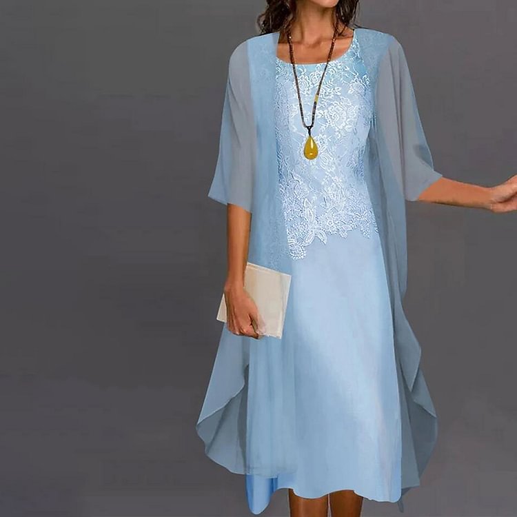 Chiffon Solid Lace Sleeveless Two Piece Midi Dress