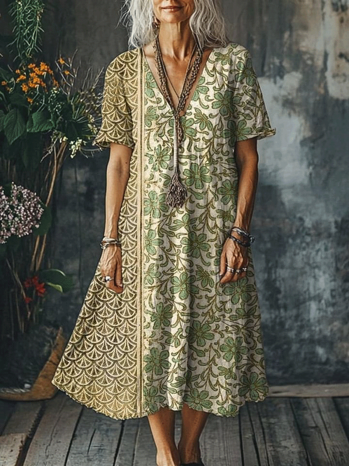 Women's Vintage Lovely Floral Art Print Pocket Cotton Dress