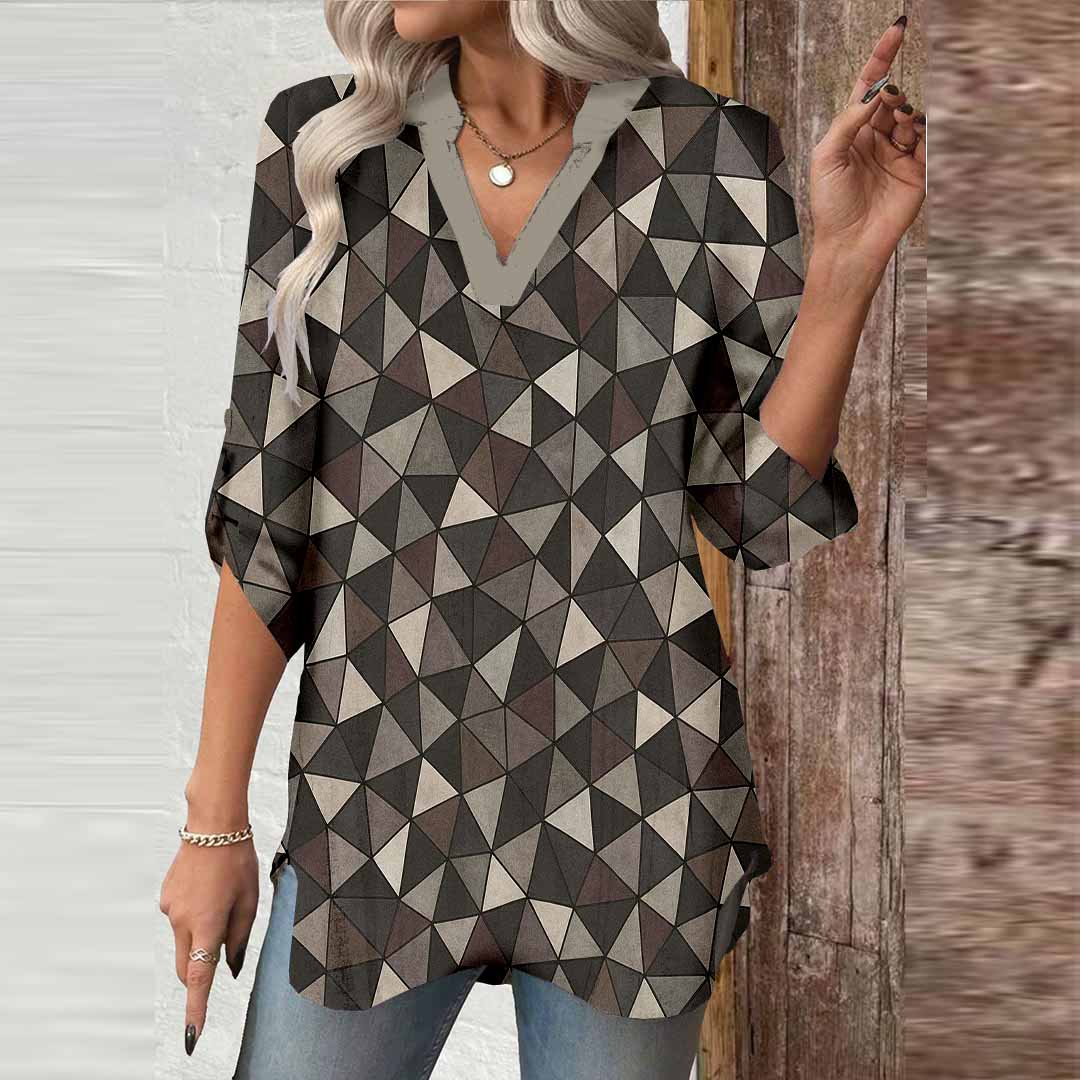 Women Geometric, Black DZGA0392 3/4 Sleeve V-neck Printed Graphic Button Tops