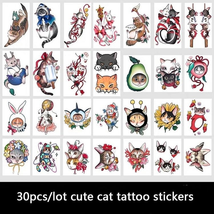 30pcs/ Cats Colorful Temporary Tattoo - Gotamochi Kawaii Shop, Kawaii Clothes