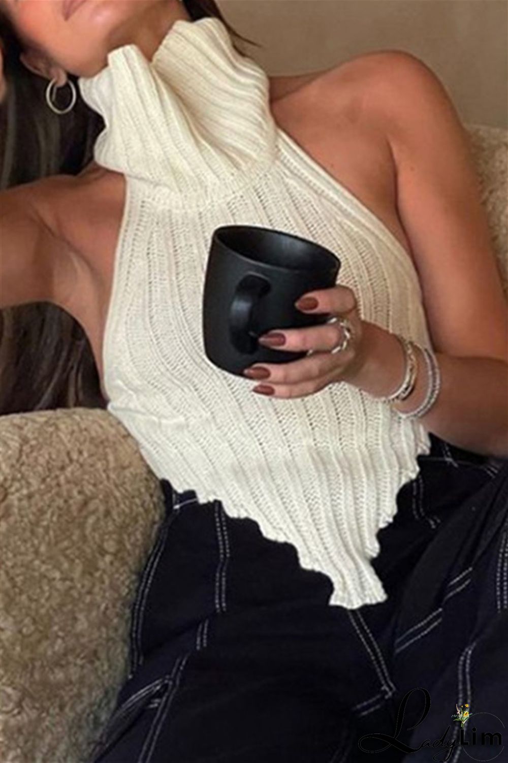 Black Sexy Casual Solid Backless Asymmetrical Turtleneck Tops