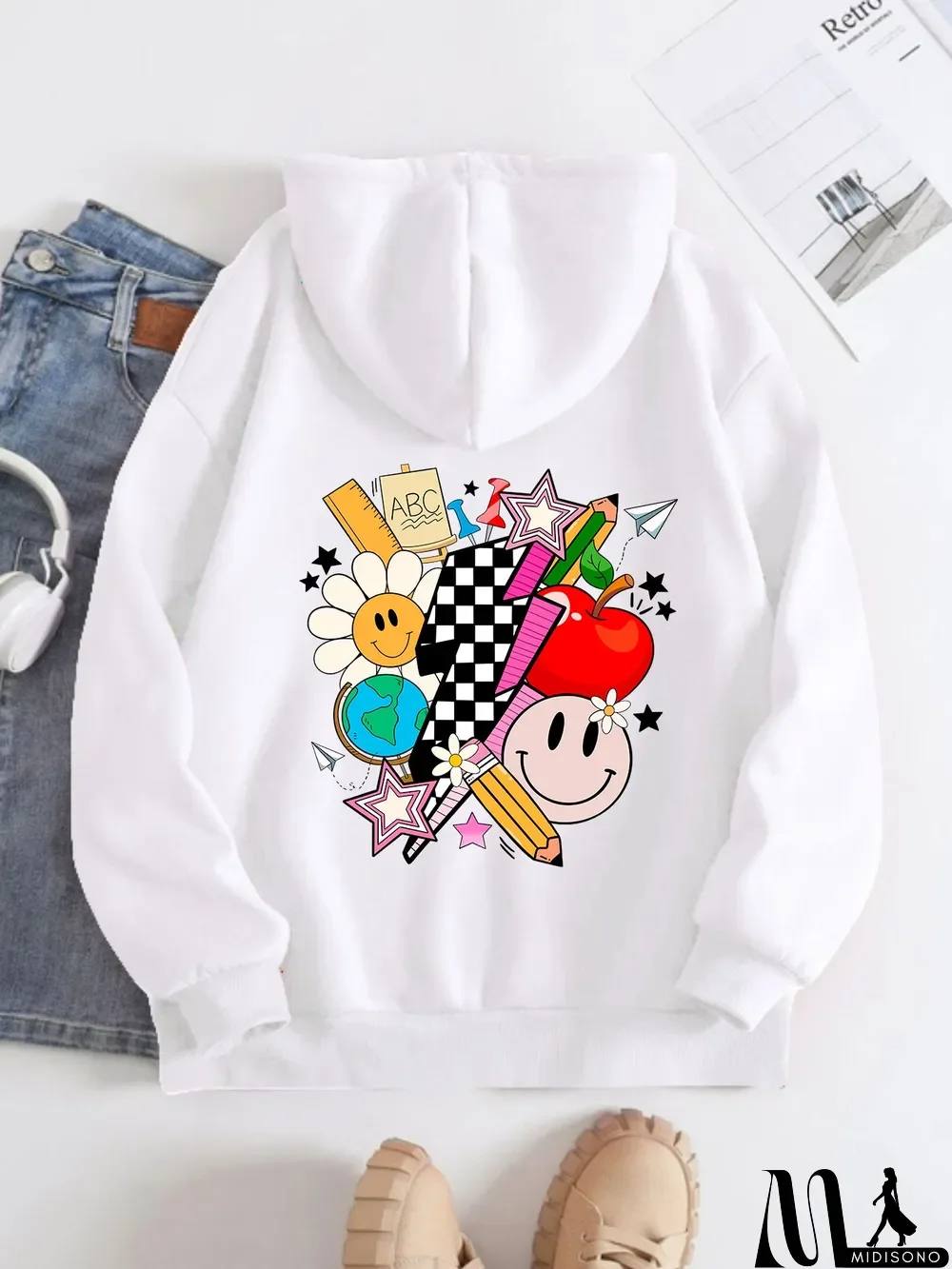 MidiSono - Printed on the Back Kangaroo Pocket Hoodie Long Sleeve for Women Pattern Teacher Tools