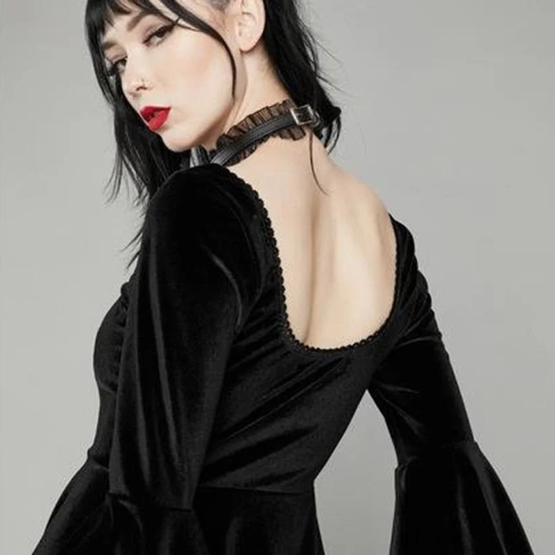 InsGoth Vintage Black Embroidery Mini Dress Goth High Waist Party Dress Aesthetic Velvet Flare Long Sleeve A Line Women Dresses