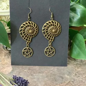 pornhint Pornhint Brass Nautilus Pentacle Earrings - Goth - Pagan - Witchy - Warrior - Nature- Alternative - Mystical Twists -Hypoallergenic