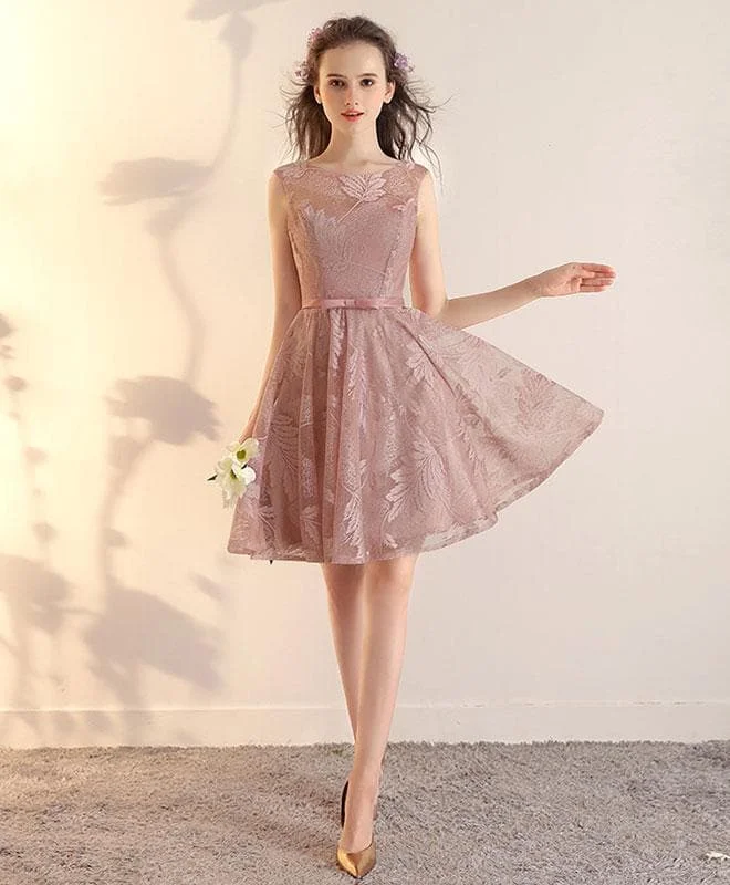 Pink Lace Short Prom Dress, Pink Short Bridesmaid Dress