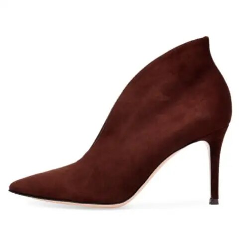 VCSHOES Women Leopard Pointed Toe Shallow V Open Ankle Boots Female Burgundy Leather Thin Heels Party Short Booties Shoes