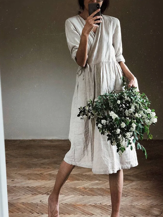 Women'S Retro Casual Solid Color Cotton And Linen Tie Dress 