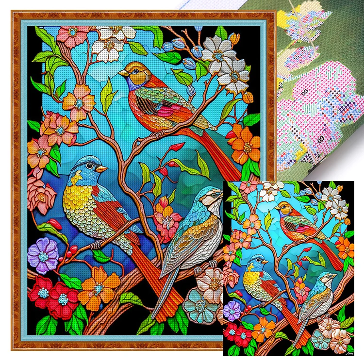 Glass Painting Flowers And Birds 11CT (40*53CM) Stamped Cross Stitch gbfke