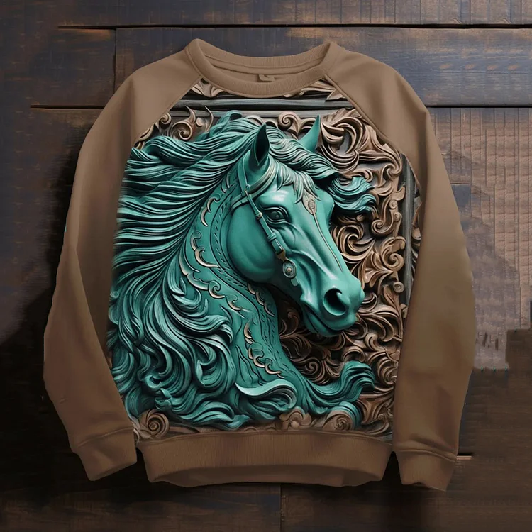 Wearshes Western Horse Print Round Neck Long Sleeve Sweatshirt