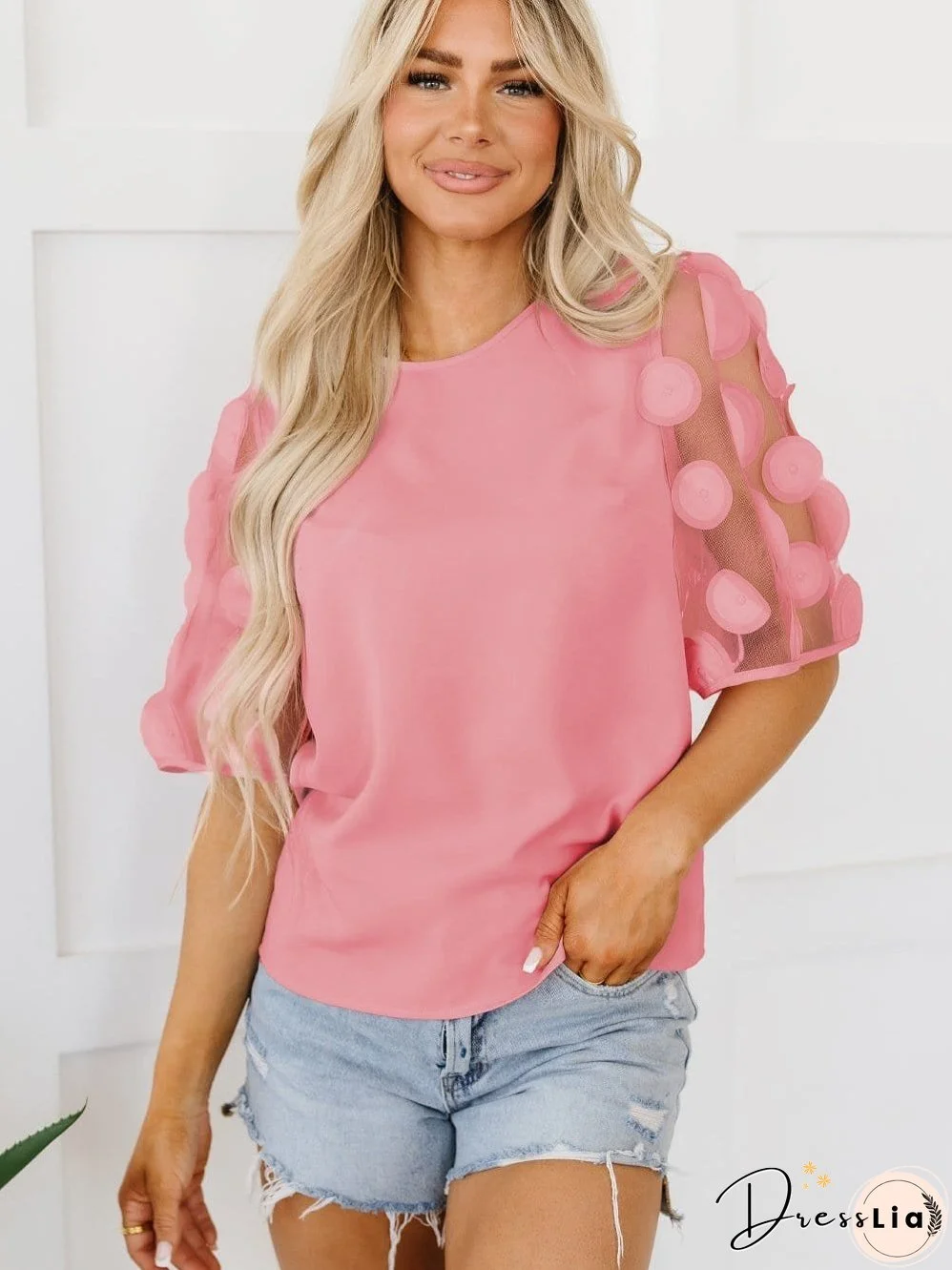 Dusky Pink Mesh Applique Half Sleeve Blouse
