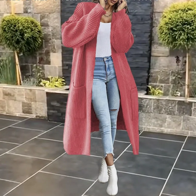 Uveng Women Long Knitted Casual Vintage Solid Color Loose Sweater Coat Fashion Basic All-Match Solid Cardigans New 2022