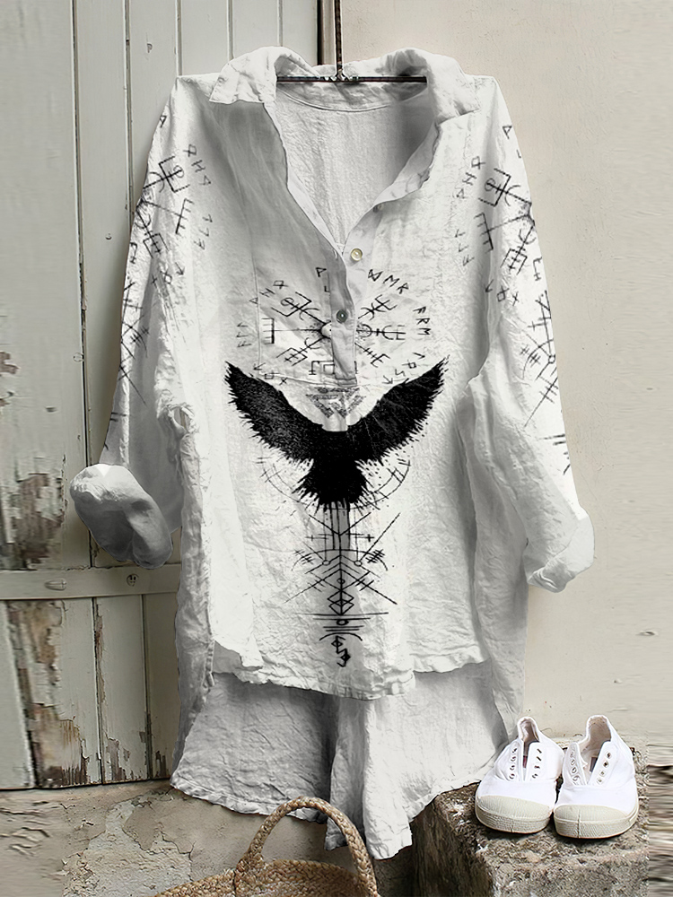 Comstylish Retro Tribal Viking Bird Totem Printed Cotton Linen Blouse