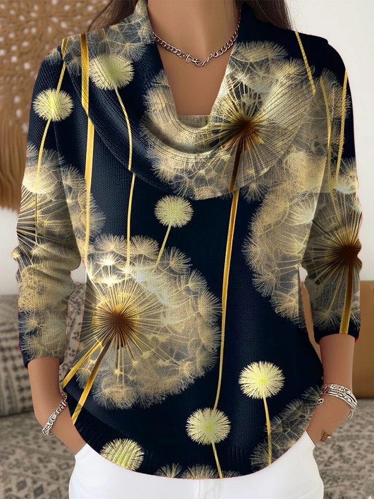 Women's Dandelion Art Print Cowl Neck Sweater