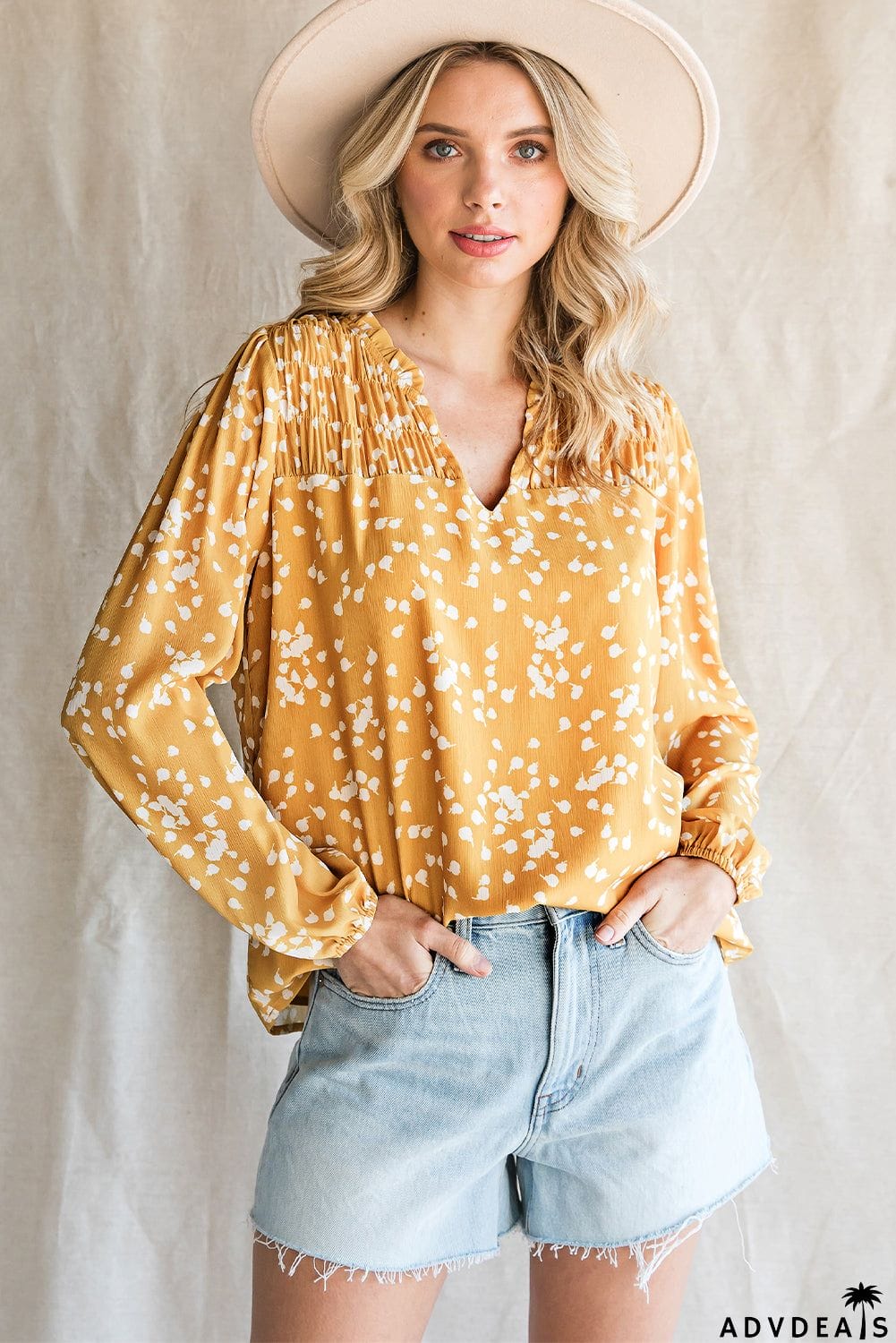 Printed Notched Neck Smocked Blouse
