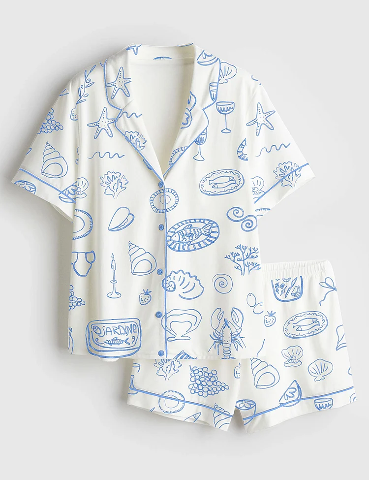 Women&rsquo;s Coastal Blue Italian Summer Icons Dolce Vita Hand Drawn Whimsical  Wedding Art Print Short Sleeve Satin Pajama Set