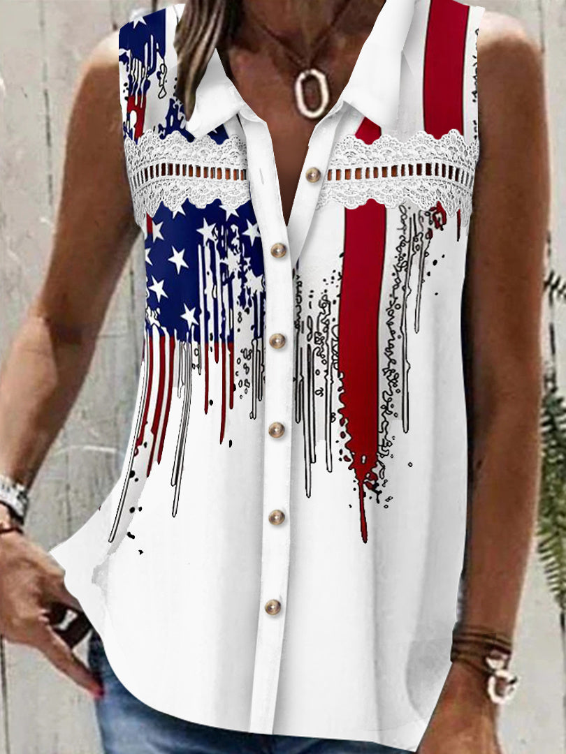 Women's Sleeveless V-neck Lace Stitching Graphic Top