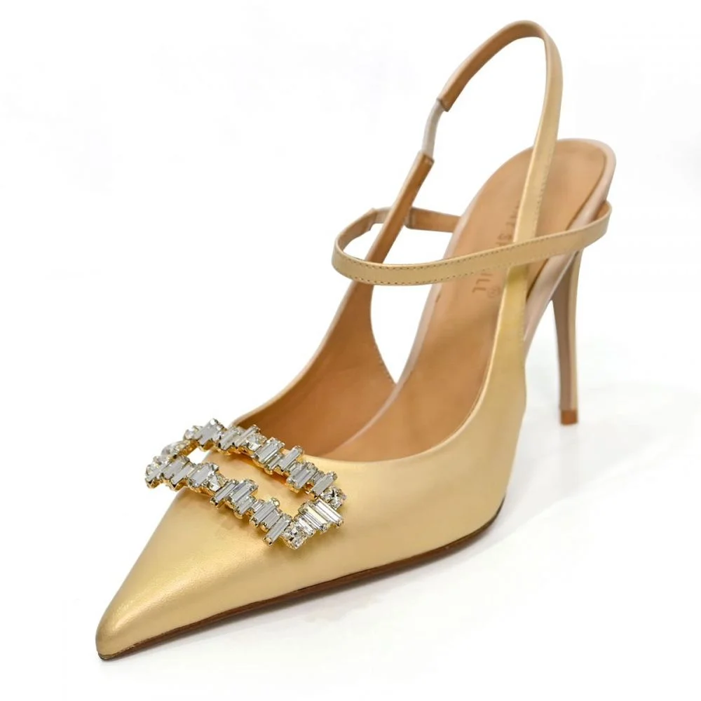 Champagne Heels 4 Inch Heels Slingback Heels Rhinestone Pumps Nicepairs
