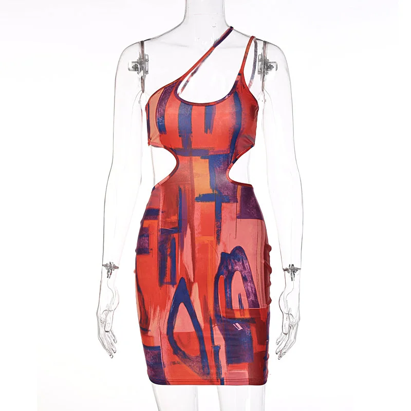 Print Halter Sleeveless Hollow Out Sexy Mini Dress