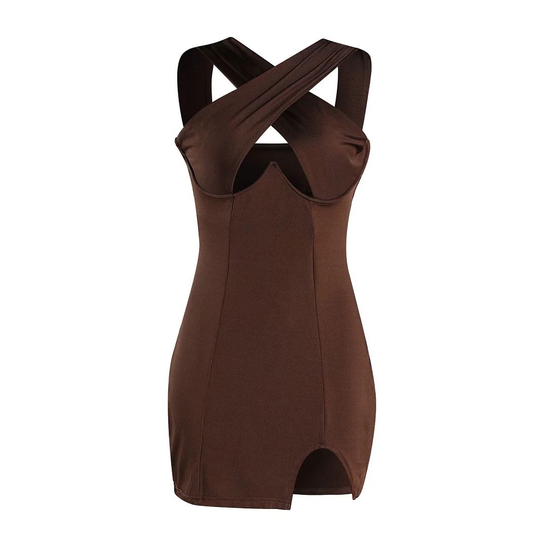 wsevypo Sexy Women Cutout Cross Halter Wrapped Dress Chic Printted Sexy Hollow Chest Skinny Sheath Dress Summer Party Clubwear