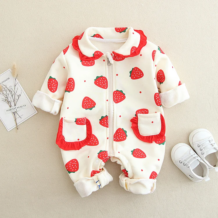 Baby Girl Allover Strawberry Print Zipper Long Sleeve Romper