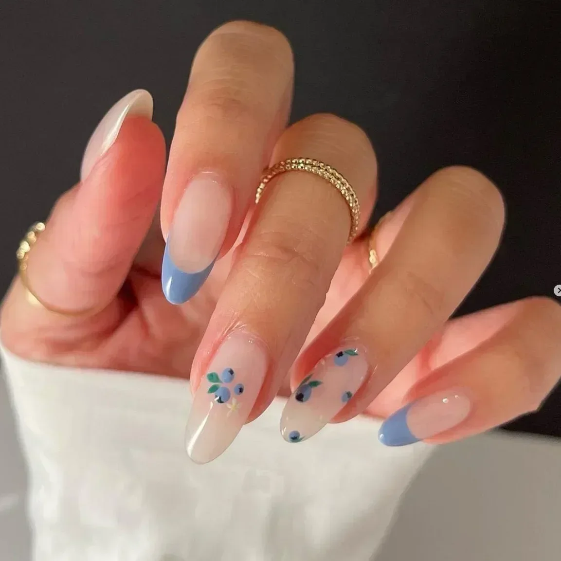 Lidudu French Press on Fake Nails with Flowers Designs Summer Blue Short Almond False Nails Wearable French Full Cover Press on Nails