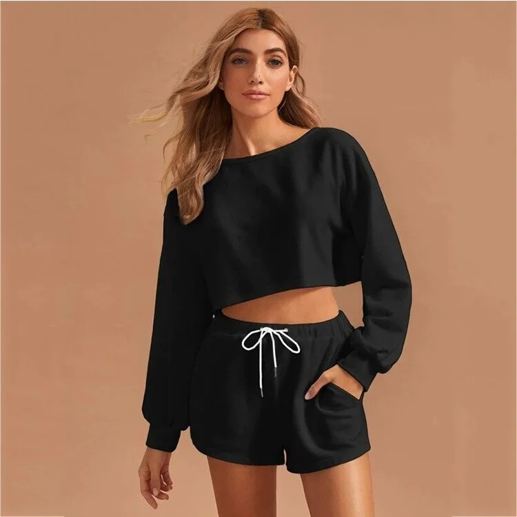 Jangj Female Long Sleeve Urban Short Sets Fashion Streetwear Women Solid Color Lace Up Casual Outfits