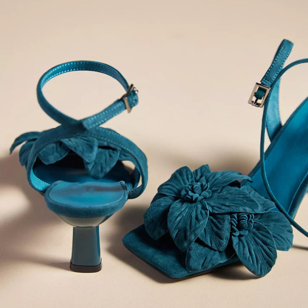 Fashion Teal Square Toe Ankle Strap Heeled Sandals with Floral Decor Nicepairs