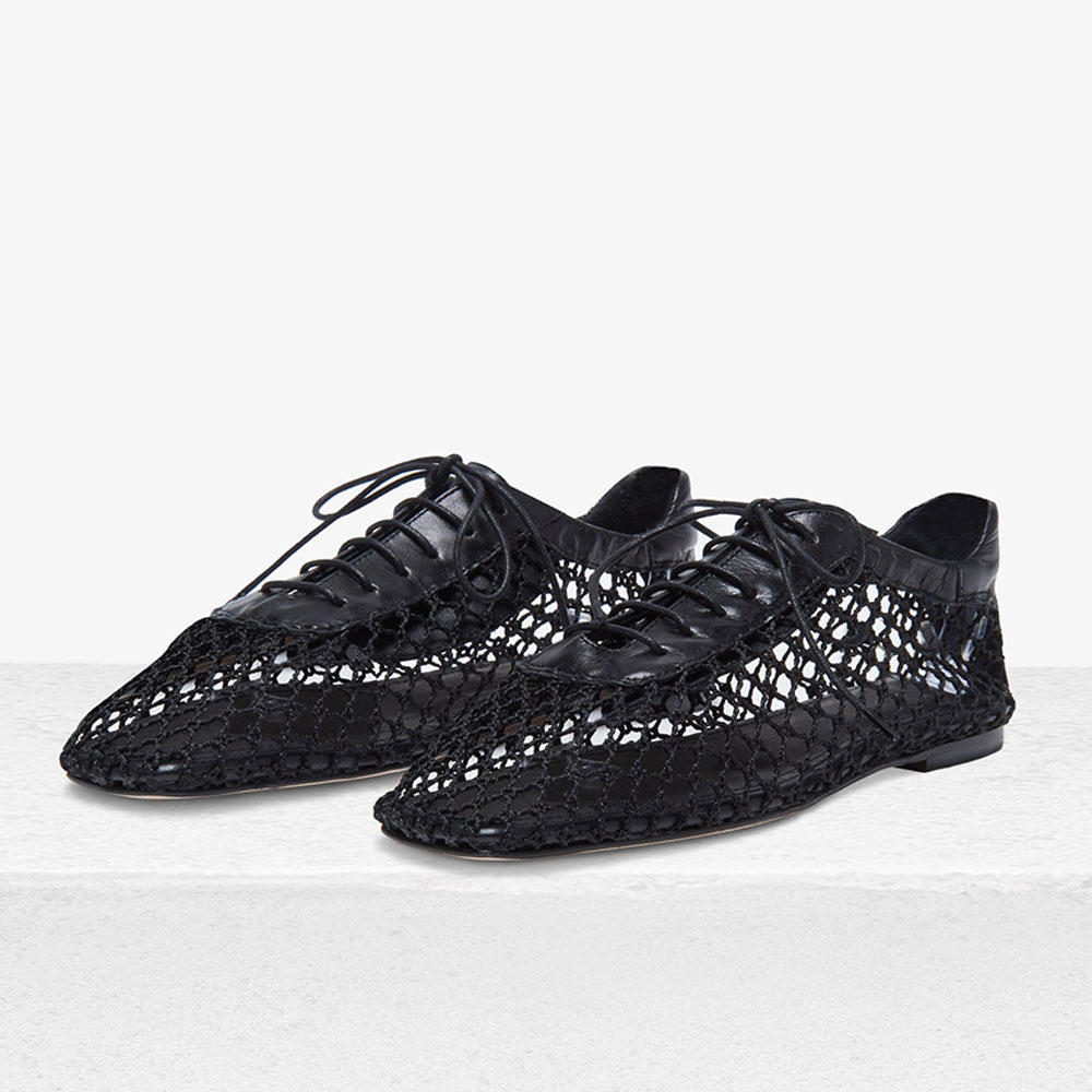 Black Mesh Square Toe Lace-Up Shoes Casual Flats for Women Nicepairs