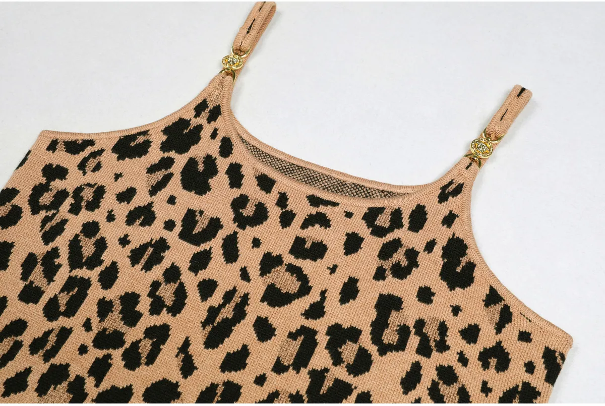 Summer Socialite Quality Leopard Print Fil Lumiere Weave Sleeveless Sling Dress