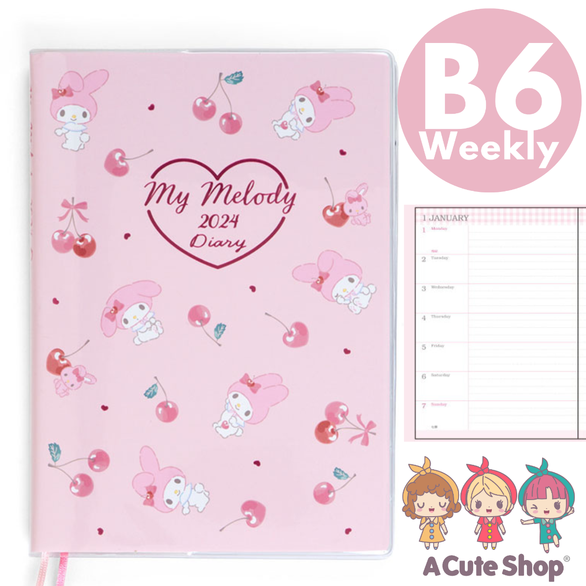 ❤SHIPPING NOW❤2024 My Melody B6 Weekly Planner LINED TYPE Diary Notebook Schedule Book Agenda PINK w/ BONUS GIFT A Cute Shop - Inspired by You For The Cute Soul 