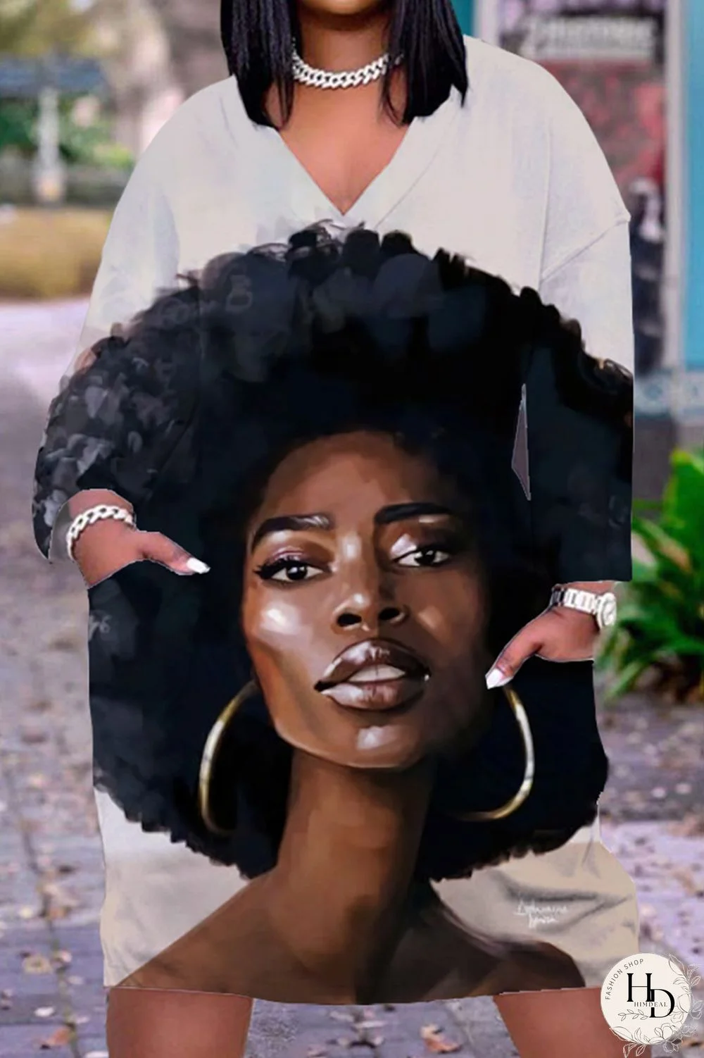 Black Orange Fashion Casual Print Patchwork V Neck Long Sleeve Dresses