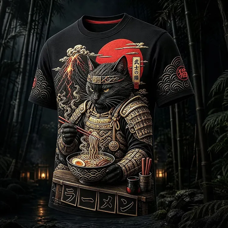 Men's Black Cat Samurai Eats Ramen Print T-shirt