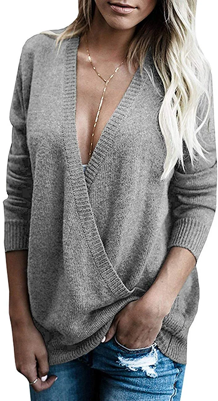 Womens Knitted Deep V-Neck Long Sleeve Wrap Front Loose Sweater Pullover Jumper Tops