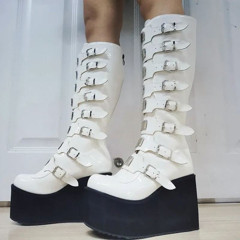 Big Size 48 Brand Design Platform Wedges Goth Black Mid Calf Motorcycle Boots Women Buckle Trendy Cool Punk Zipper Women Shoes