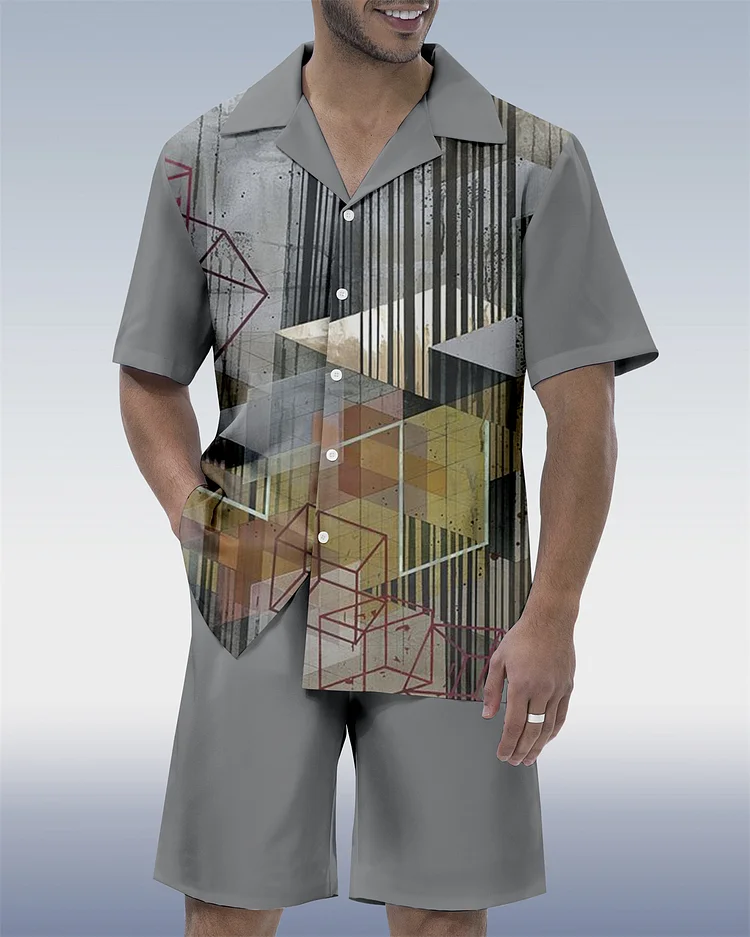Men's Ombre Contrast Ethnic Print Hawaiian Vacation Short Sleeve Suit 076