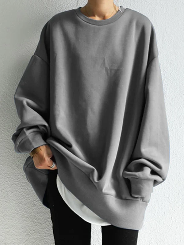 Solid Loose Round-Neck Casual Sweatshirt