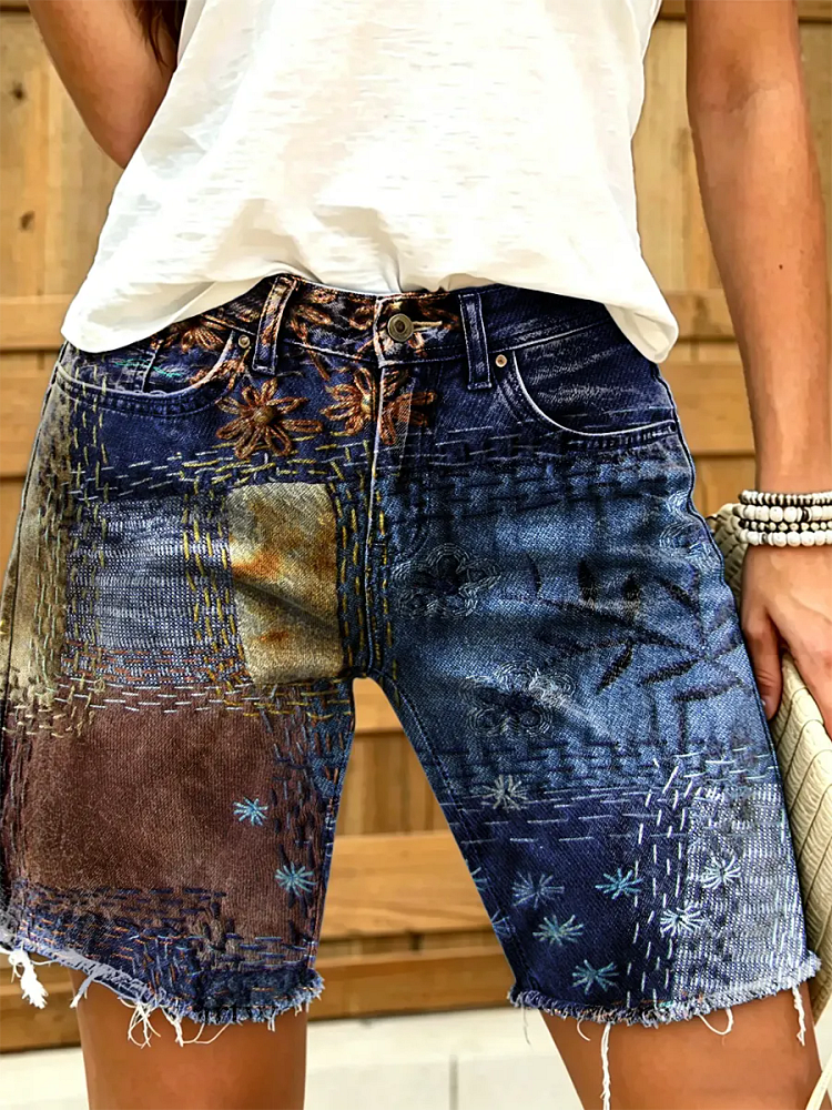Women's Abstract Floral-print Denim Shorts