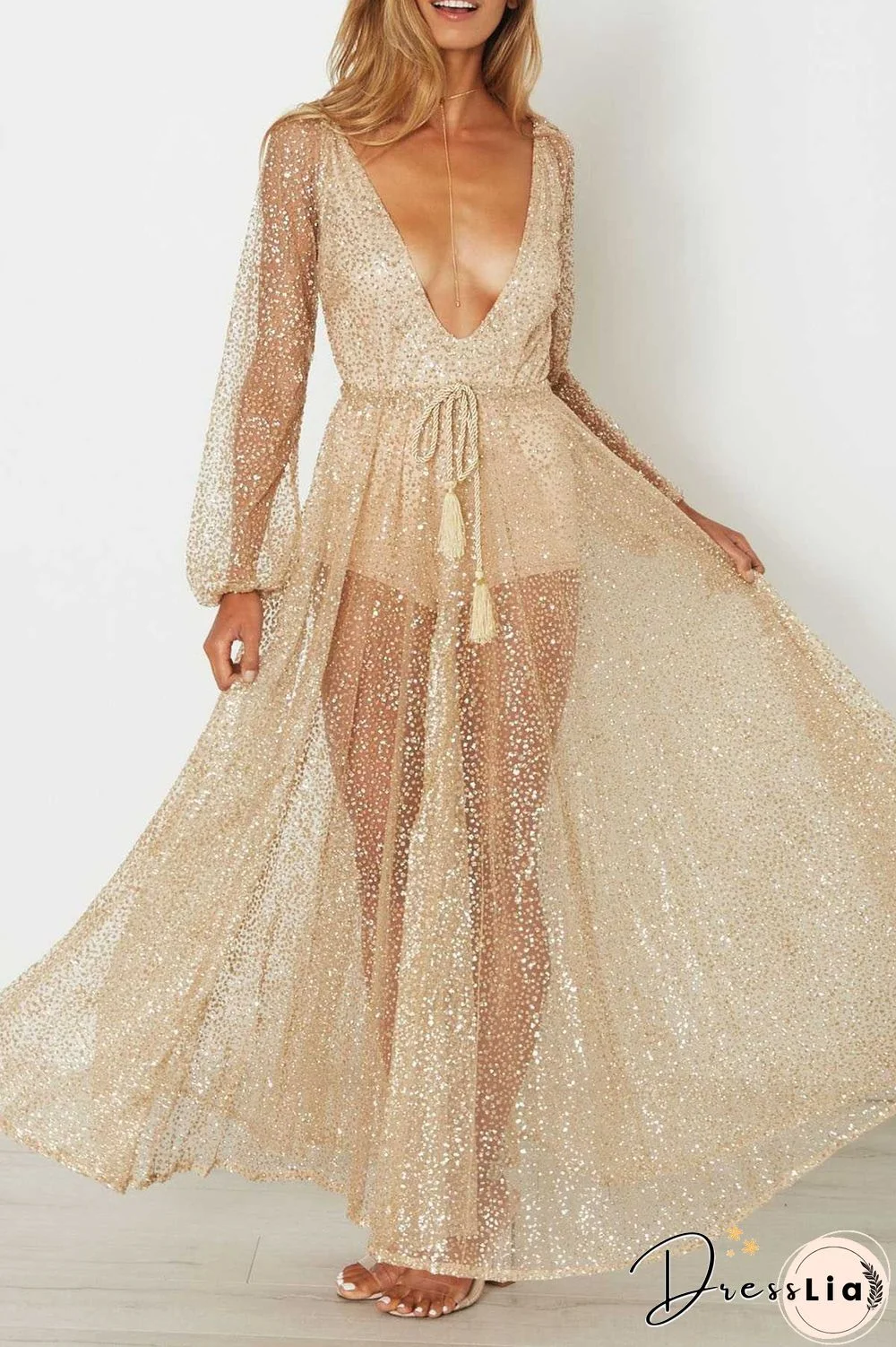 Gitter Sequins Deep Plunge Tie Waist Long Sleeve Sheer Mesh Dress