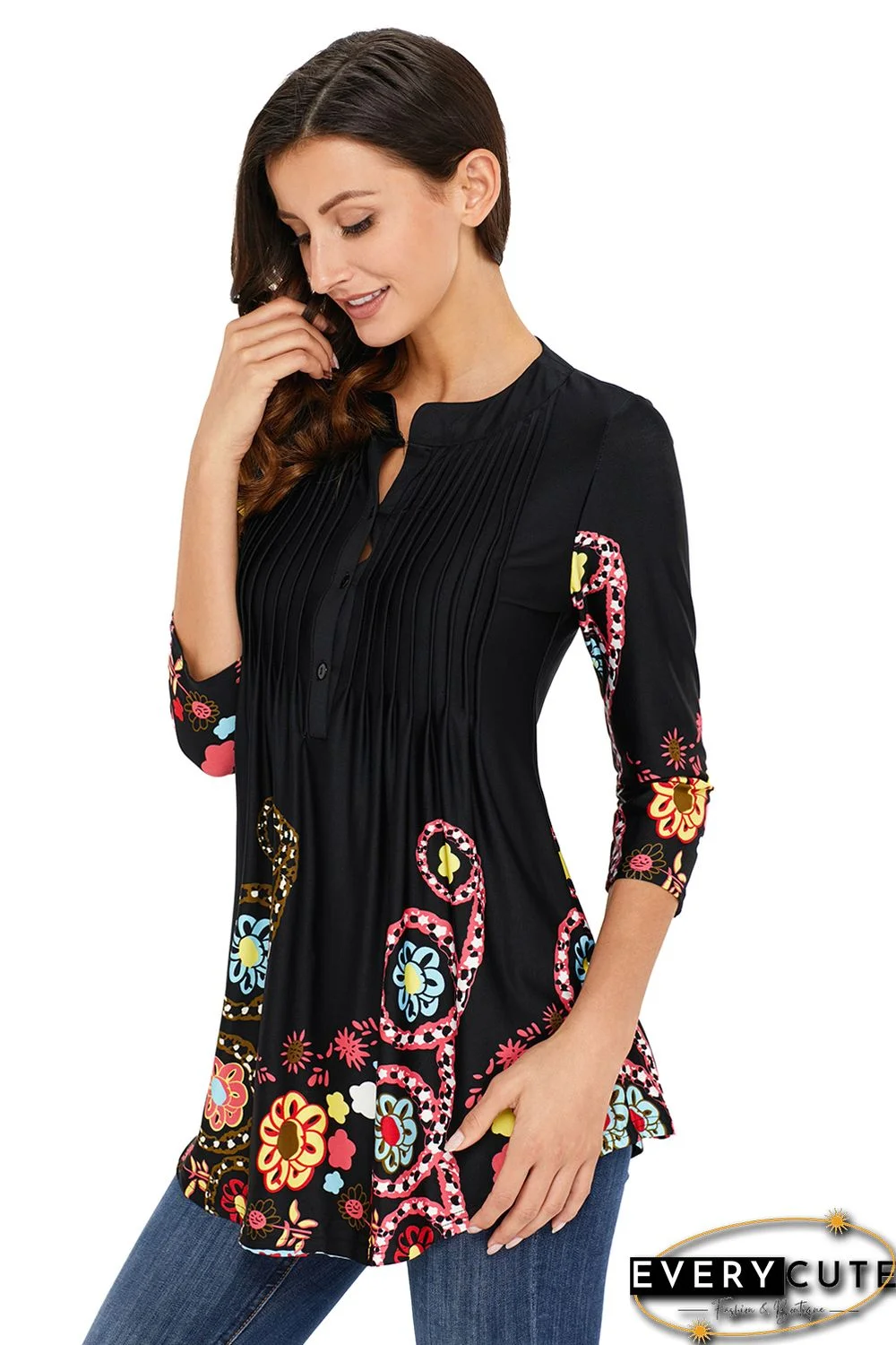 Black Floral Notch Neck Pin-tuck Tunic