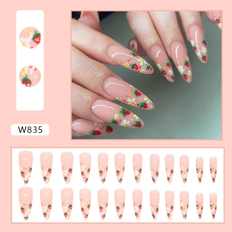 Churchf Churchf Pointed Nail Sweet Girl Lovely Strawberry Flower Flower False Nails Summer Childlike Innocence Nail Wear Nail