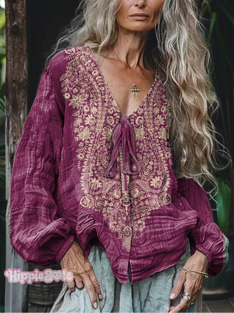 Ethnic Style Floral Pattern Printed Women’s Casual Lantern Long Sleeve Comfortable Cotton Shirt