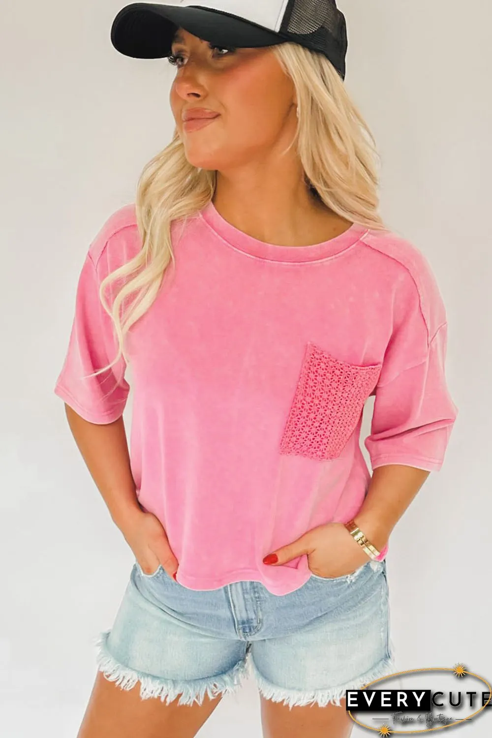 Pink Acid Wash Lace Patch Pocket T-Shirt