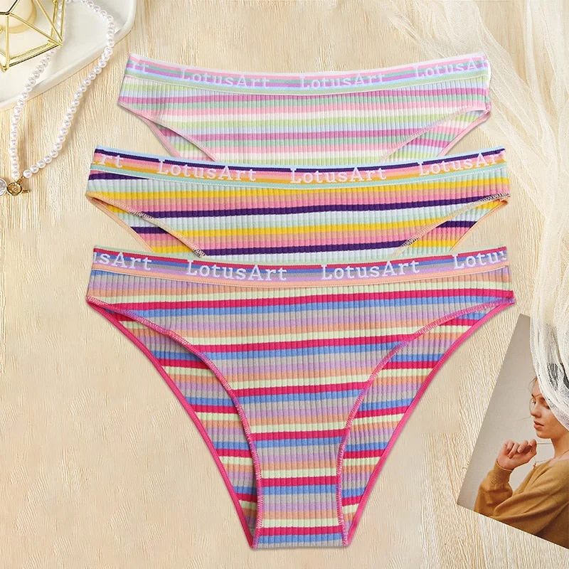 FINETOO 3PCS/Set Women Cotton Seamless Panties for Female M-XL Underwear Panty Sexy Colorful Striped Lingerie Letter Waist Brief